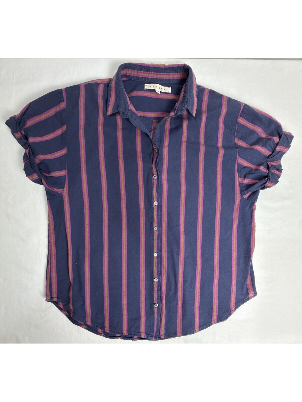 Xirena Beau Shirt XS Navy Pink Stripe 100% Cotton Made USA Button Down